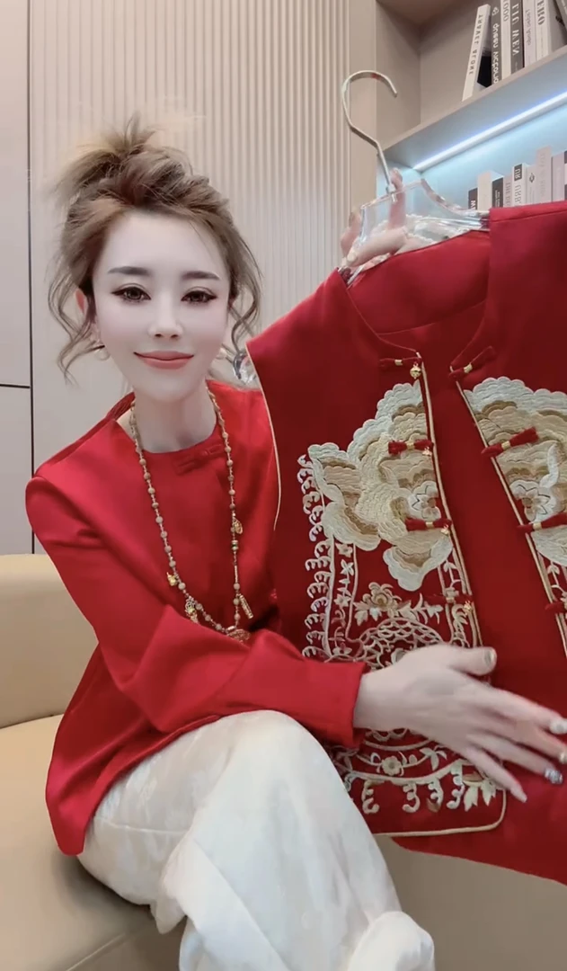 国风盘扣红色衬衫简约百搭纯色长袖上衣复古长袖显瘦气质网红裤子