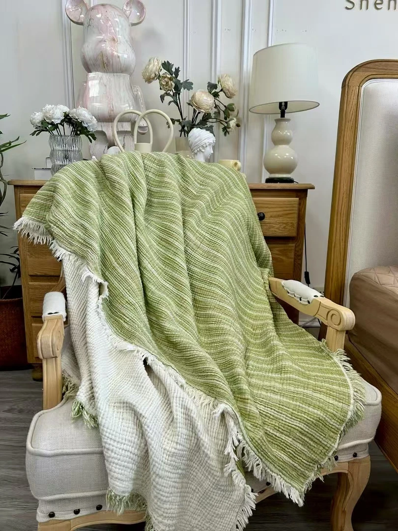 H1470 单人全棉四层纱流苏盖毯深芽绿150*200 沙发毛毯午睡毯简约