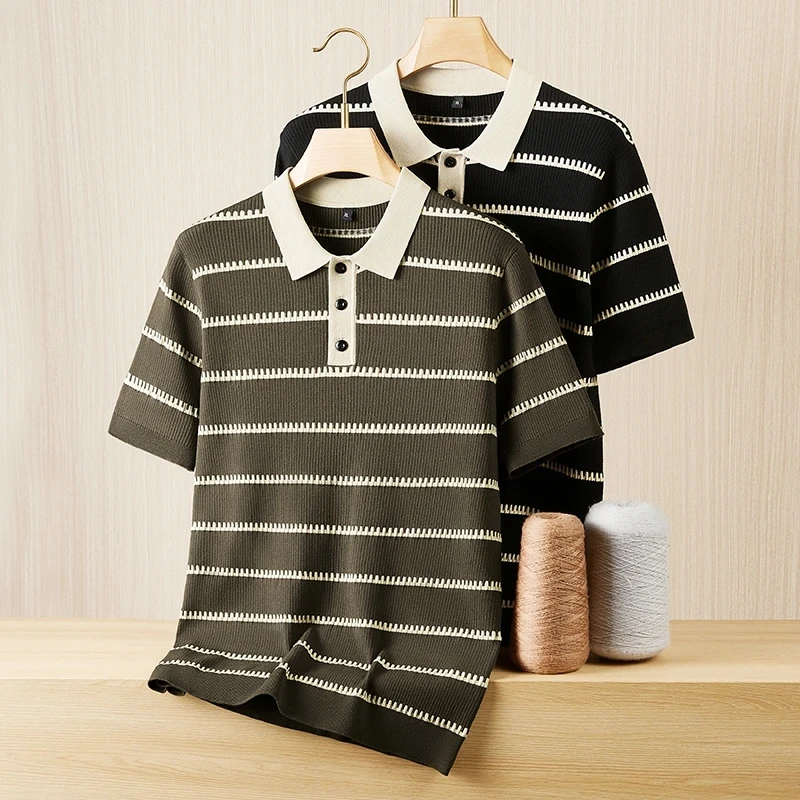 大码男装条纹毛衣春秋针织短袖翻领POLO男胖子加肥加大休闲针织衫