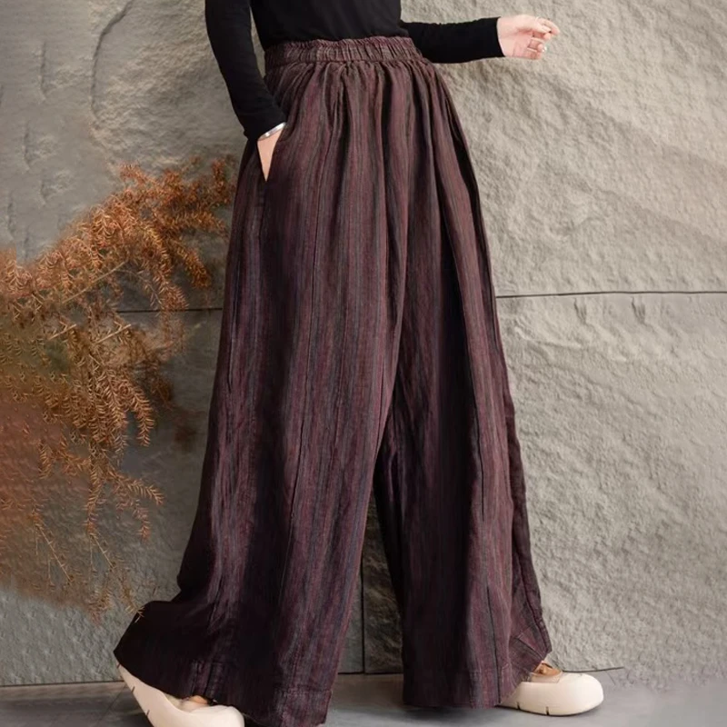 【十品】2025年春季新款条纹撞色亚麻直筒裤