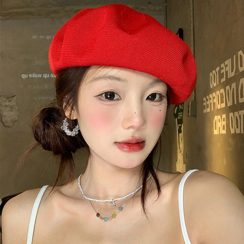 日系复古红色针织贝雷帽女夏季韩版小众百搭文艺显脸小蓓蕾帽子潮