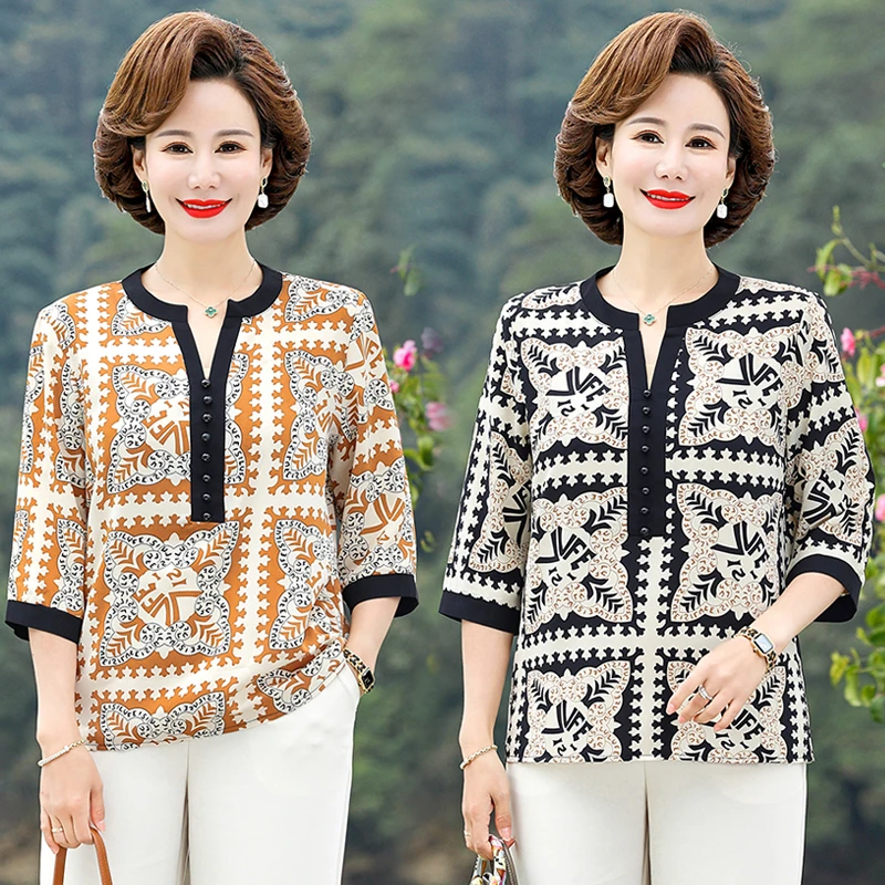 妈妈夏装洋气七分袖T恤复古印花雪纺上衣时尚中老年女优雅妈妈装