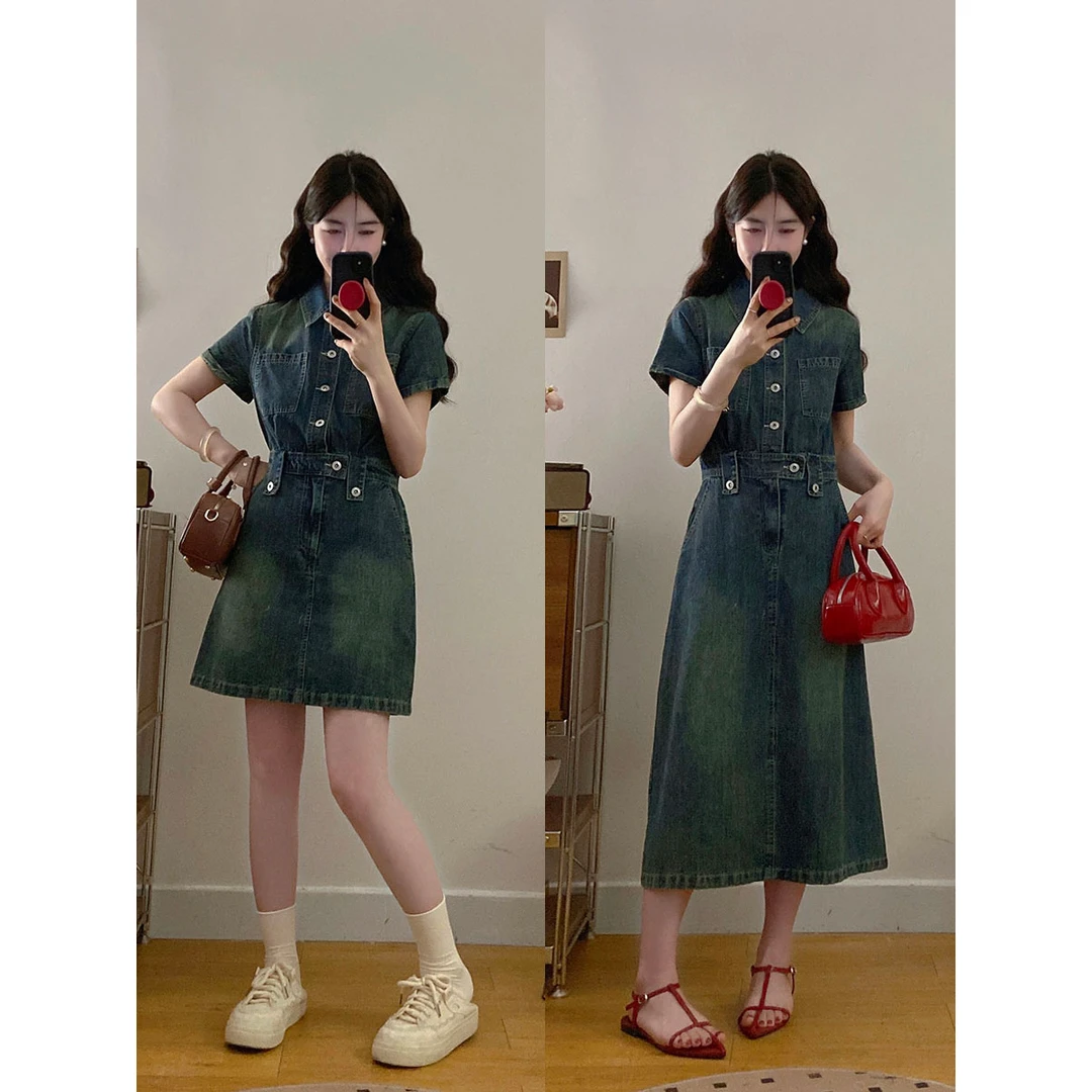 实拍大码女装遥远的岛夏季新款韩版港风复古显瘦牛仔连衣裙胖MM