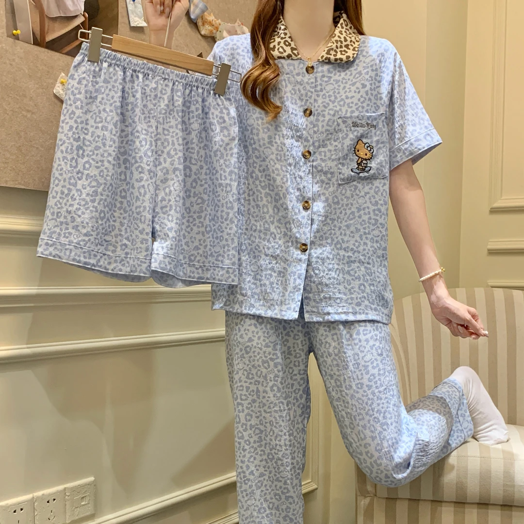 【三件套】带胸垫家居服套装女蓝色豹纹拼接撞色翻领睡衣