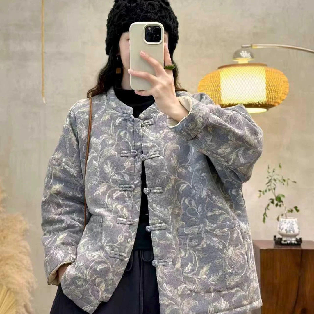 【2566】厚款亚麻提花长袖开襟棉外套