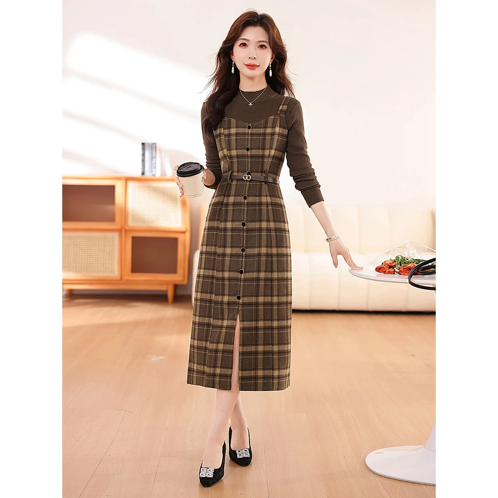 显瘦气质复古时尚春秋秋冬长袖中长款格纹女装2024年秋季上新名媛