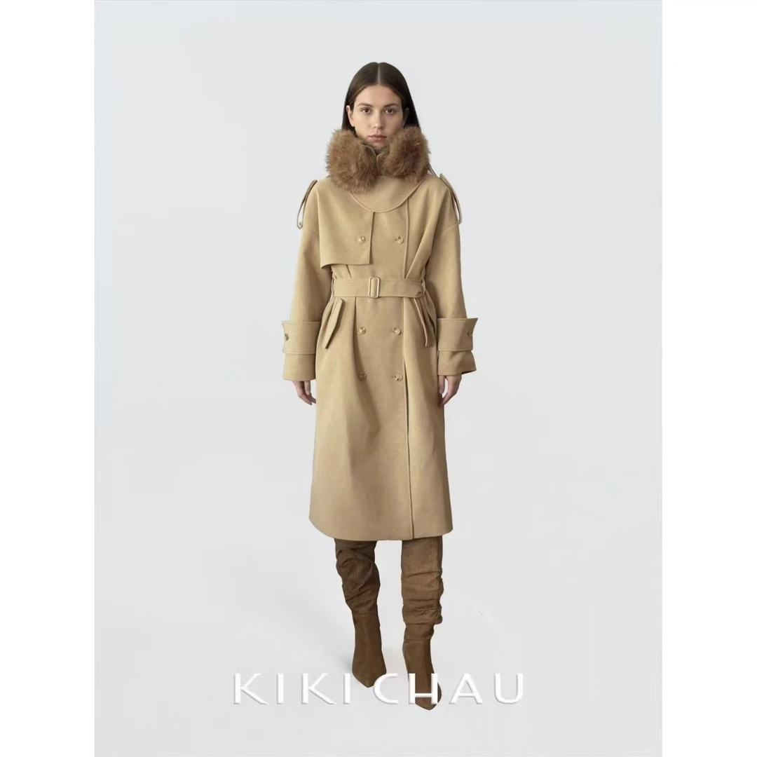 KIKI CHAU‘VINCENT’绒皮系列可拆卸毛领风衣 常规/夹棉两款可选