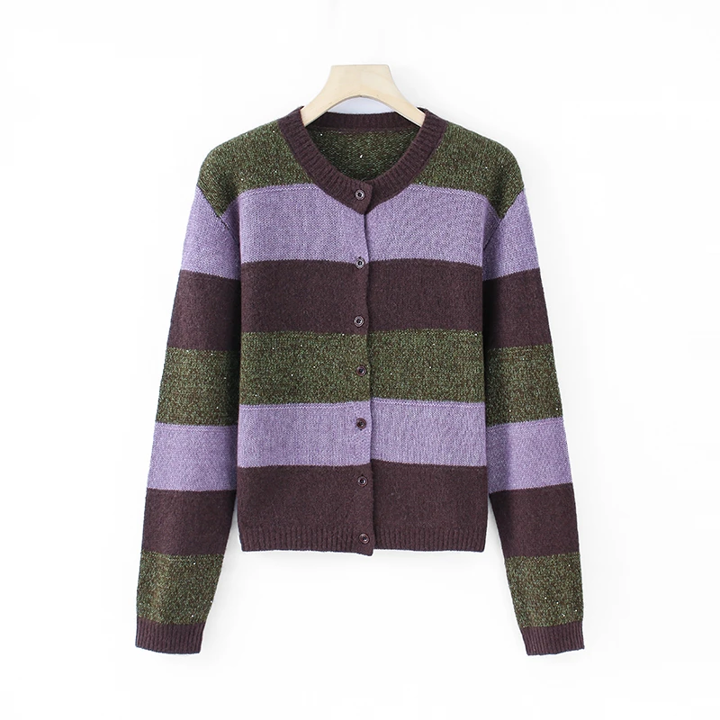 秋冬季时尚百搭休闲条纹开衫保暖毛针织衫XY-8311