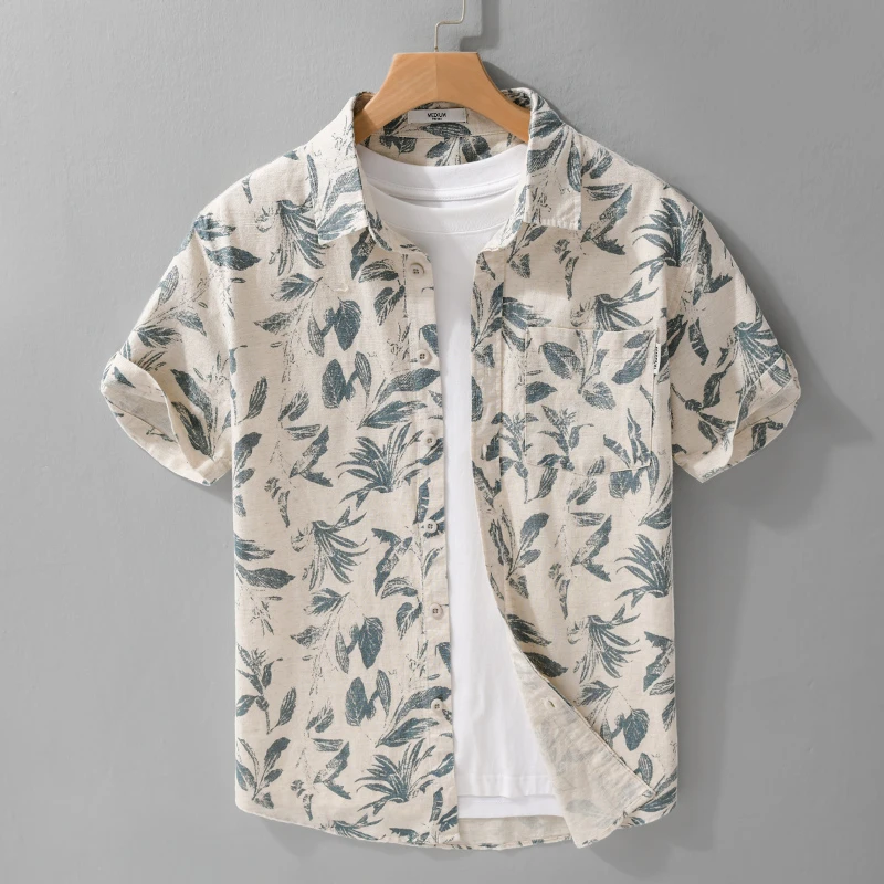 夏季中式复古印花棉麻短袖衬衫男潮流休闲设计感薄款亚麻碎花衬衣