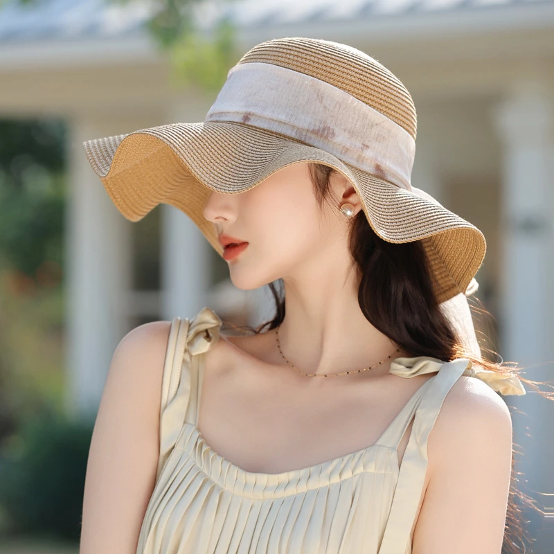夏季新款帽子女款出游度假拉菲草帽波浪沿蝴蝶结防晒遮阳帽太阳帽