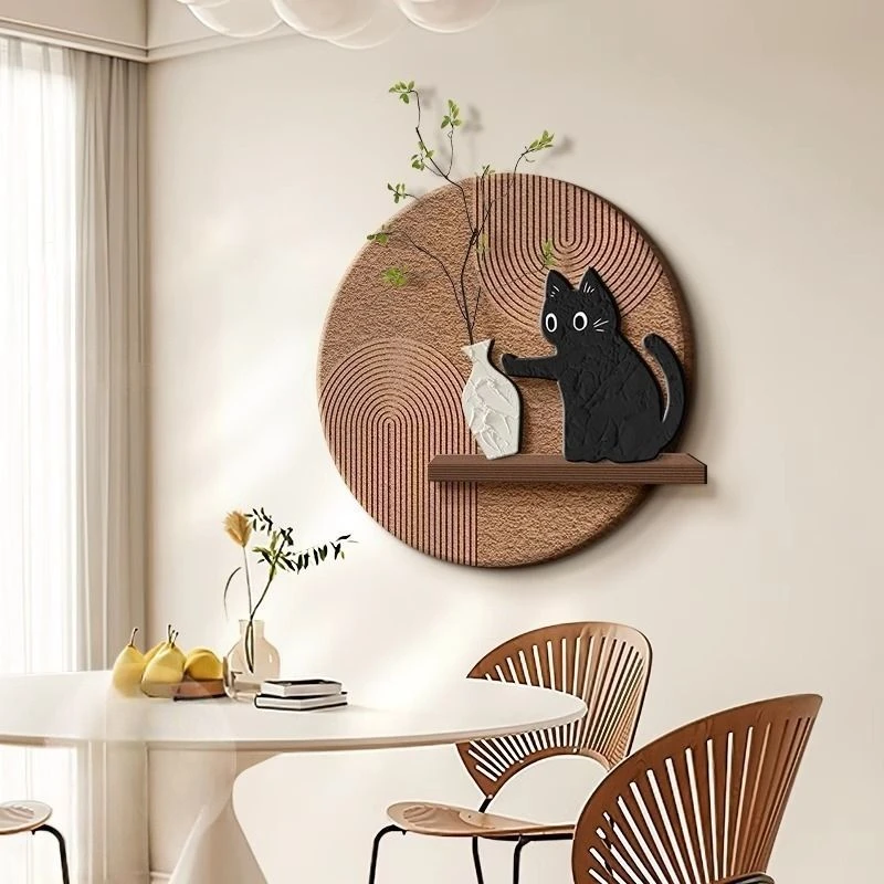 砂岩轻法式奶油风餐厅装饰画猫咪饭厅餐桌墙面中古风客厅挂画365