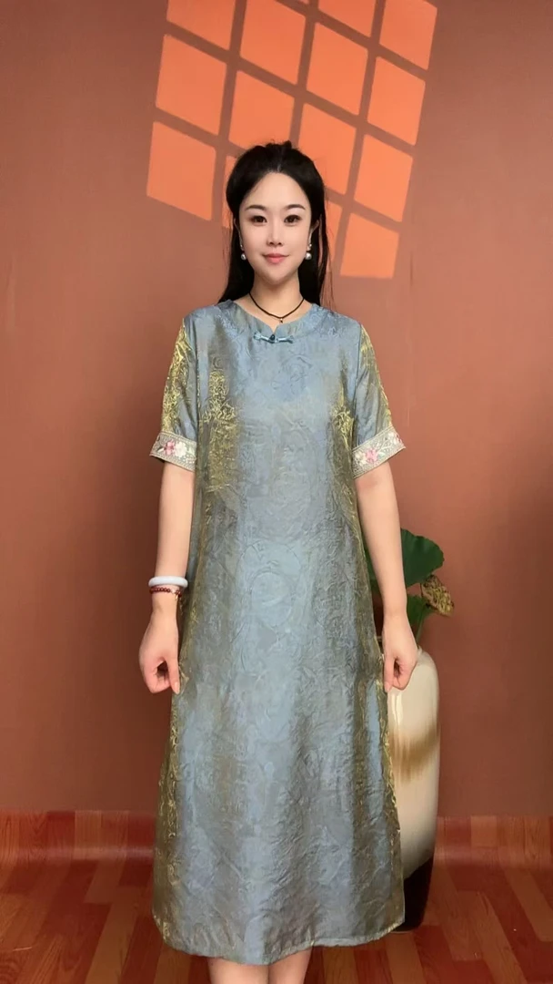 (流光异彩）夏季新中式流光锦连衣裙女装中国风显瘦裙子妈妈装