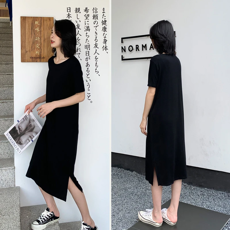 FINERY透气凉爽垂垂裙女装2024夏季开叉直筒宽松黑色莫代尔连衣裙