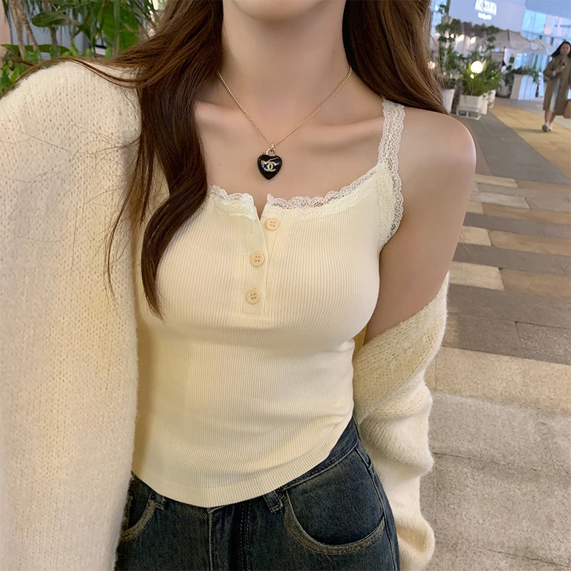 纯欲风蕾丝边白色吊带带胸垫背心女夏季外穿美背修身内搭短款上衣
