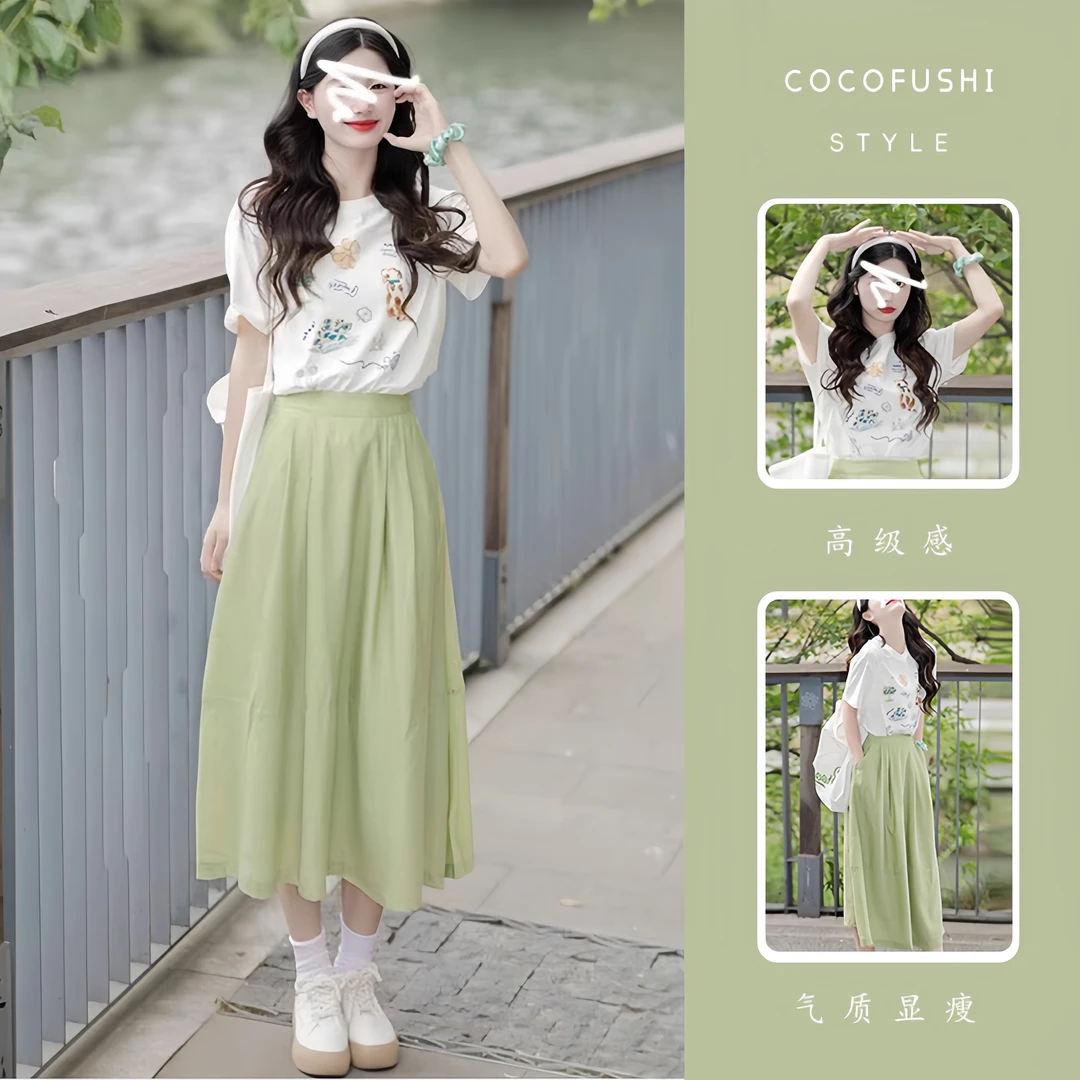 夏季穿搭一整套2025新款韩系印花短袖配百搭休闲显瘦半身裙两件套