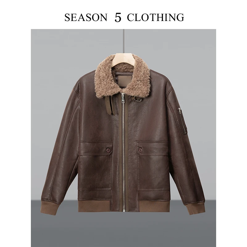 冬季纯色加绒加厚皮衣翻领皮毛一体男士保暖百搭休闲时尚外套上衣