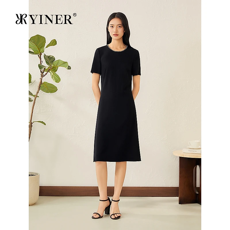 【醋酸系列】YINER音儿专选2025夏季新款法式钉珠侧开衩压褶连衣裙