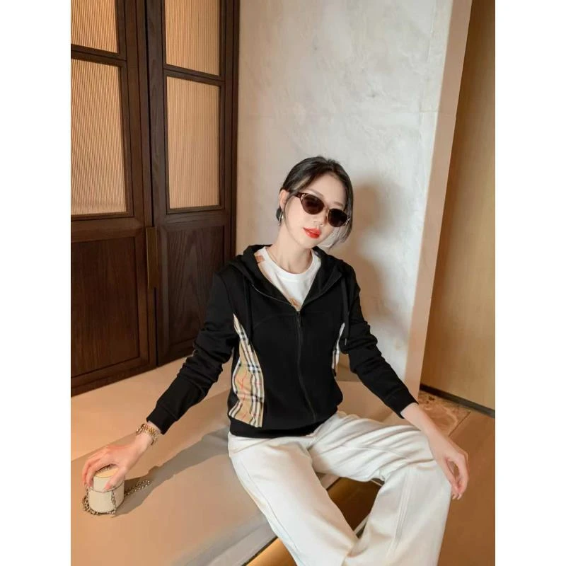 简约连帽拉链休闲短款外套长袖女格子拼接卫衣外套