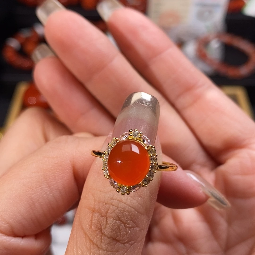 南红玛瑙银S925镶嵌云南保山冰红戒指