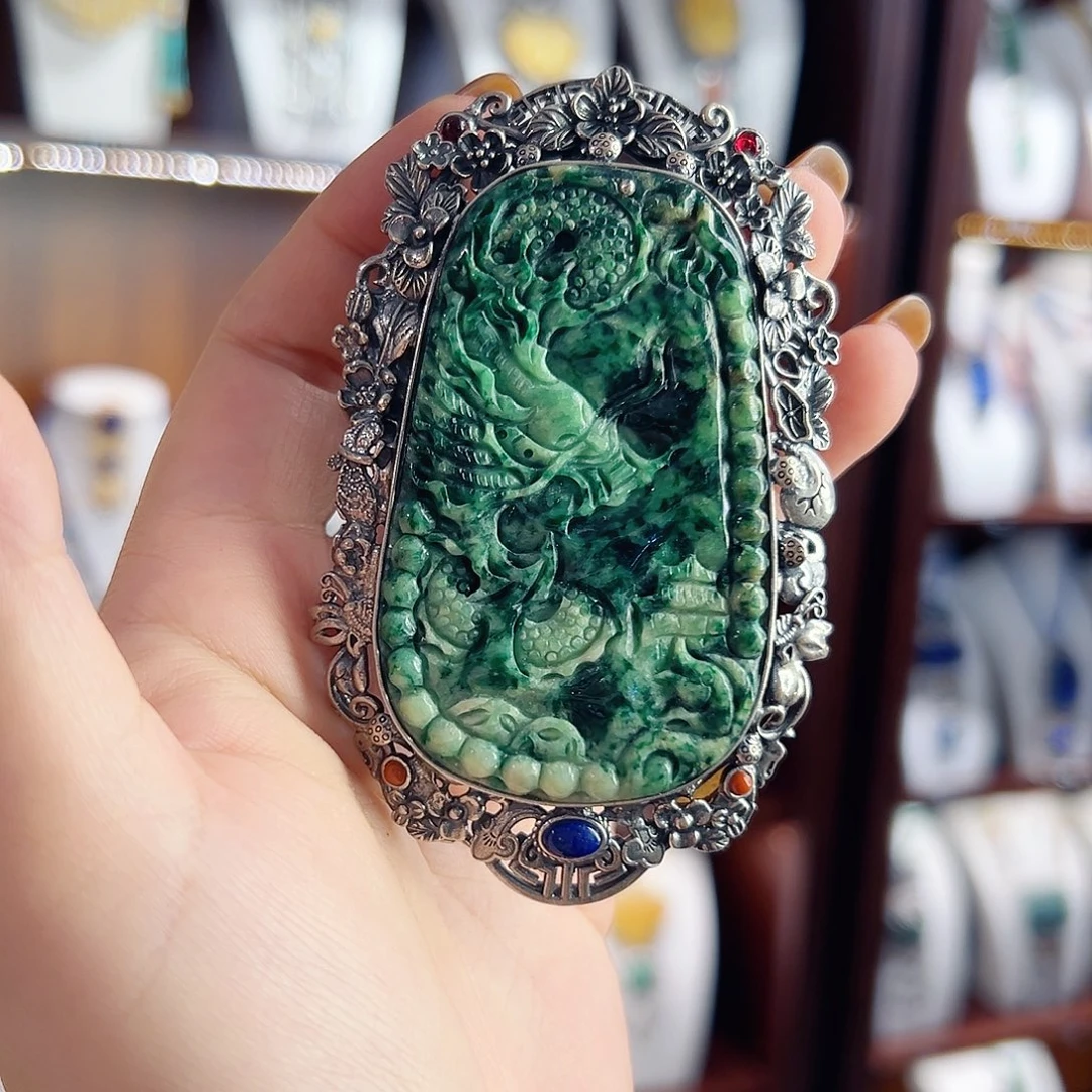 翡翠银S925镶嵌颈饰国风