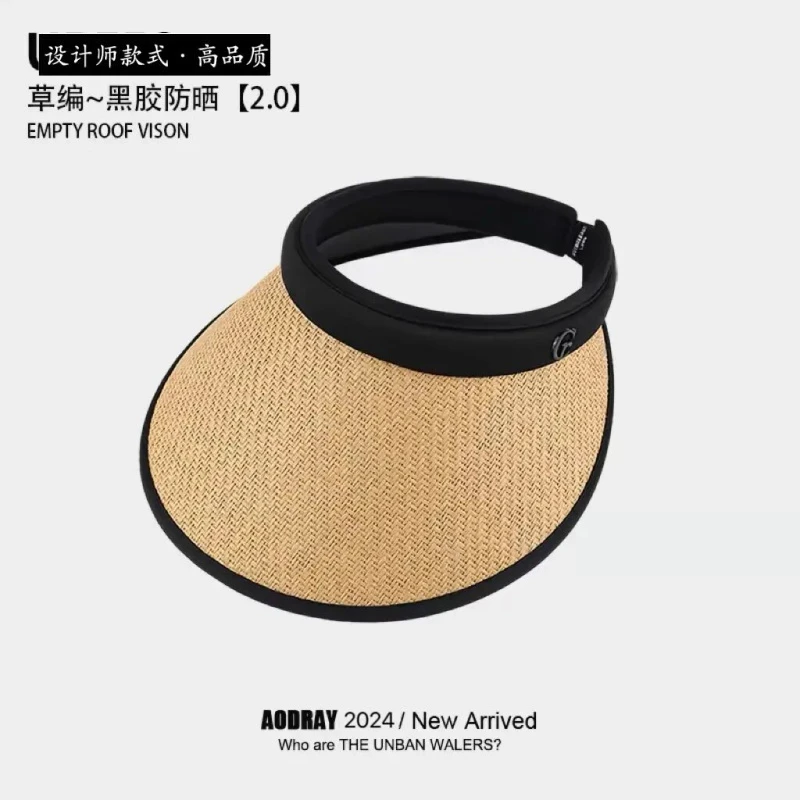 25S草编发箍空顶帽防晒帽遮阳帽子女遮脸大檐新款骑车太阳帽