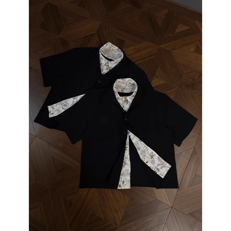 水墨优雅拼接假两件短袖衬衫男夏季2025新款潮流百搭休闲衬衣外套