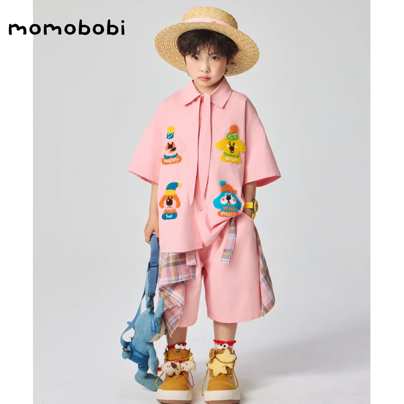 momobobi自制儿童套装韩版个性植绒卡通动物短袖衬衫原创设计短裤