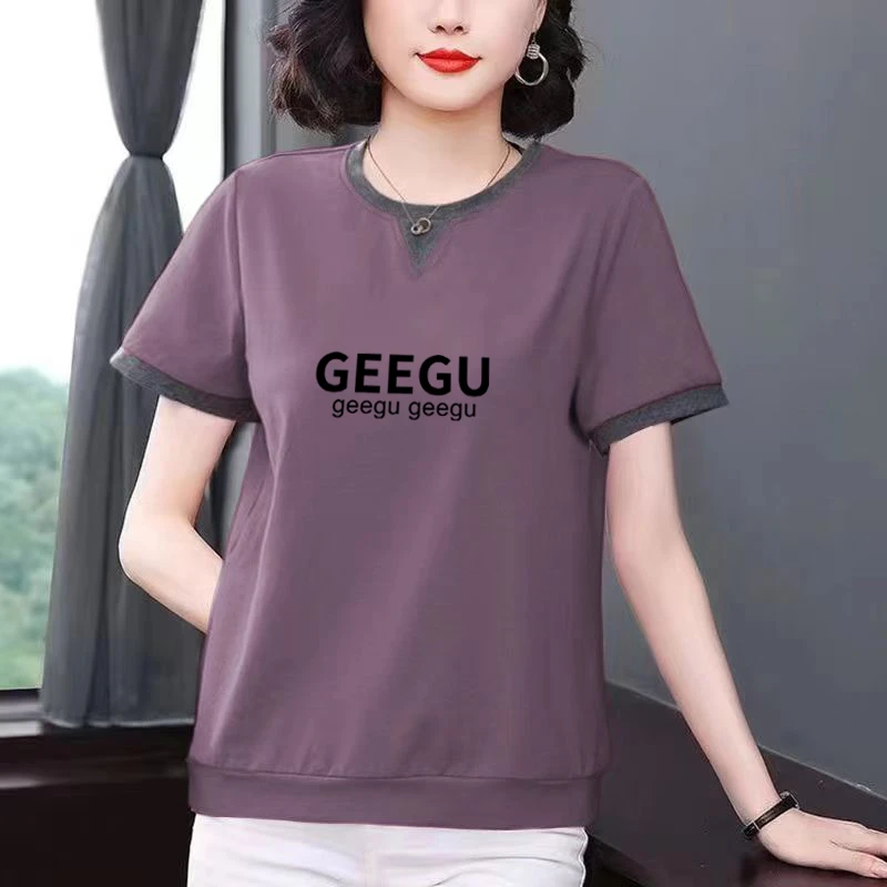 纯棉圆领拼接短袖T恤女夏季2025新款洋气减龄宽松上衣百搭打底衫