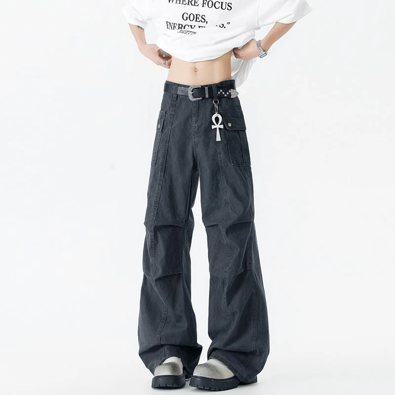 2025美式复古做旧灰色褶皱微喇叭工装裤高街男女高级感宽松休闲裤