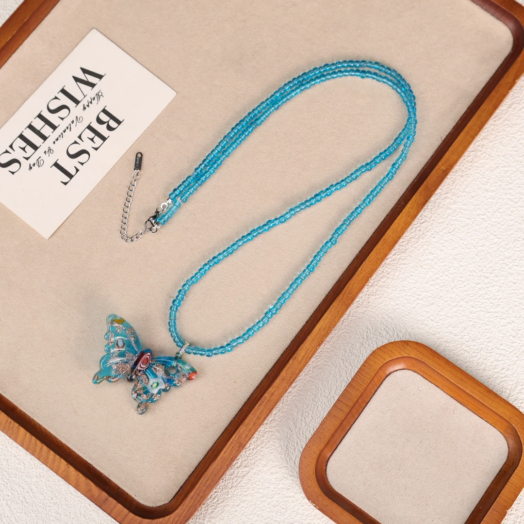 合金项链 LZ4702蓝色蝴蝶万花蓝色小米珠绳编项链