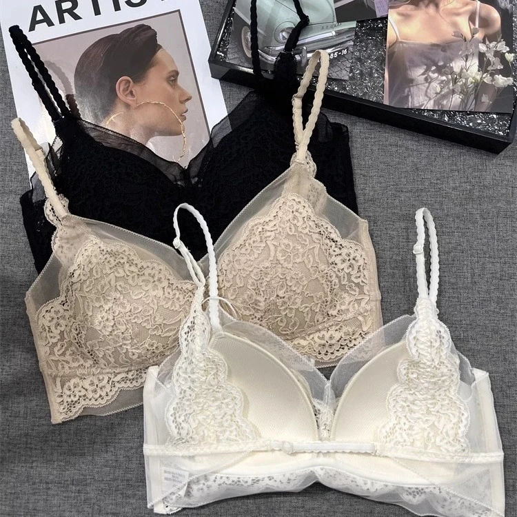 【繁花星河】超薄法式美背性感蕾丝三角杯一体抹胸无钢圈透气舒适