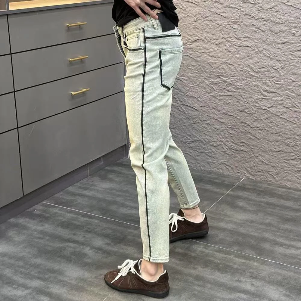 显瘦修身小脚裤复古做旧黄泥九分裤男潮牌春夏季