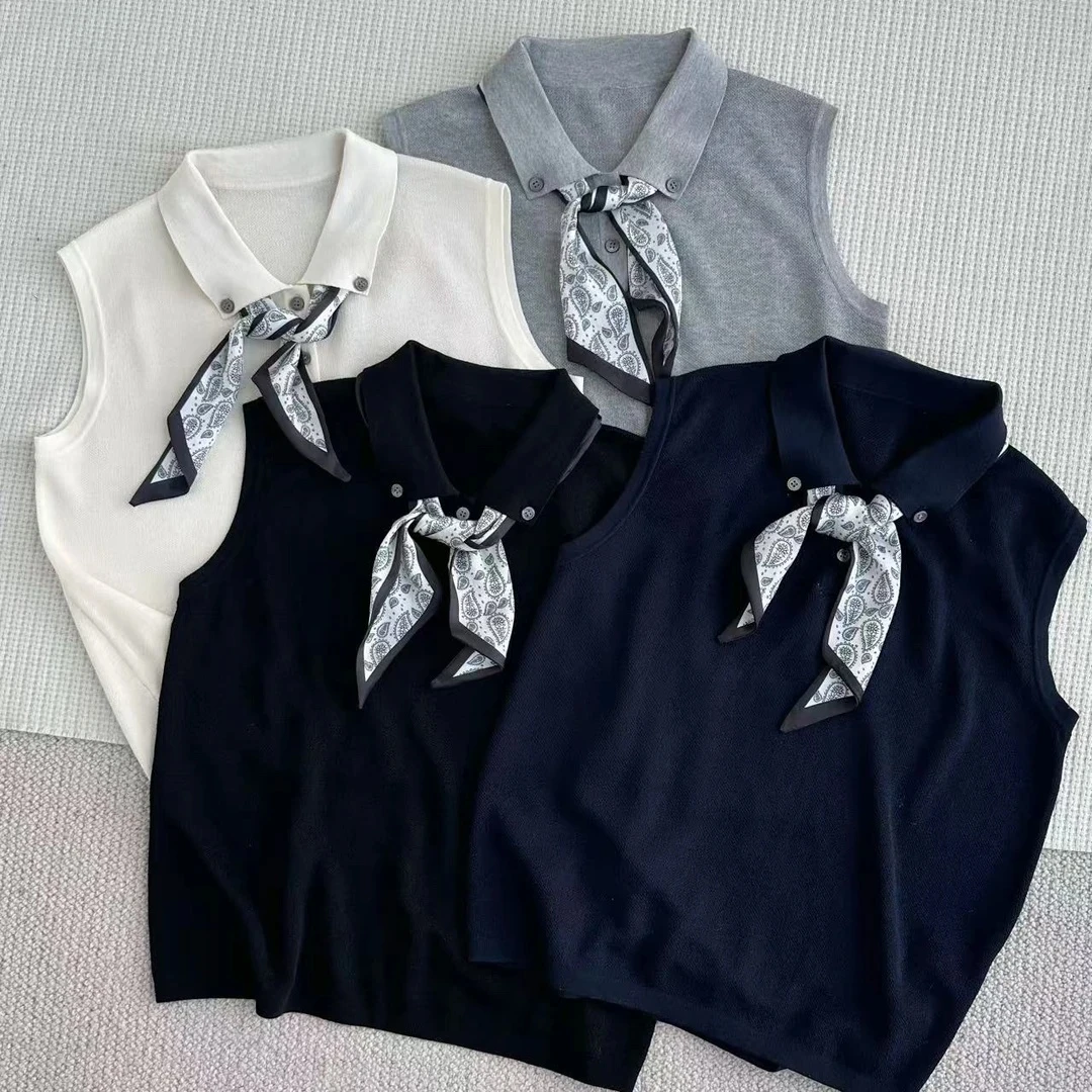 2025夏季薄款新款韩版百搭修身显瘦女时尚翻领丝巾针织无袖上衣潮