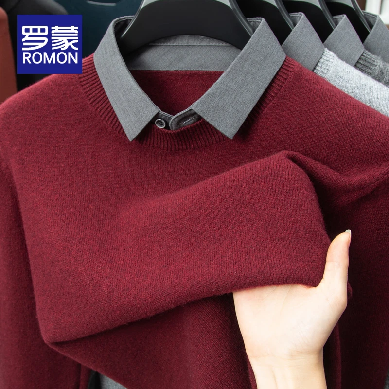 罗蒙秋冬季男士100%纯羊毛衫红色衬衫领假两件毛衣男款保暖针织衫