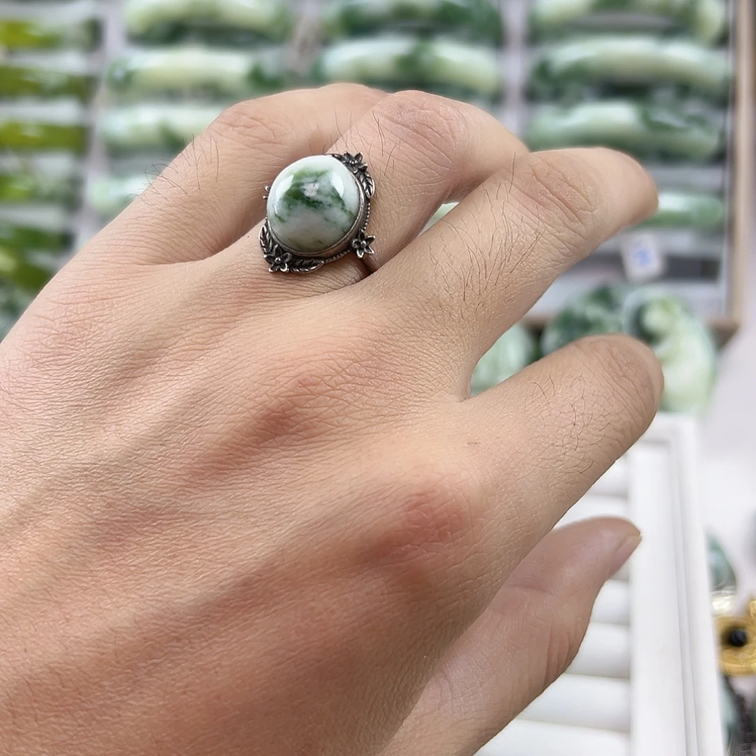 蛇纹石玉银S925镶嵌戒指