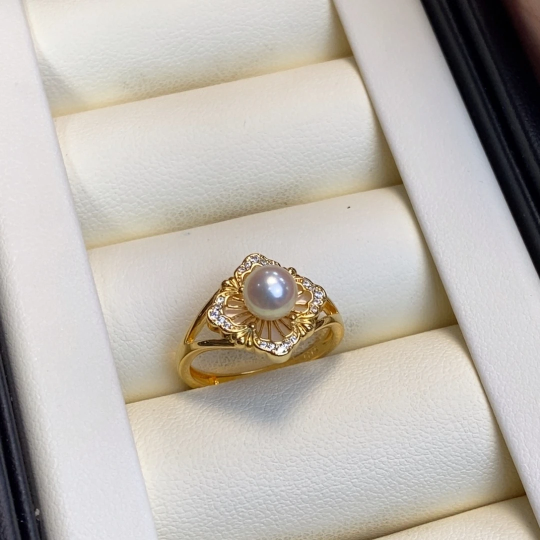海水珍珠银S925镀金镶嵌戒指