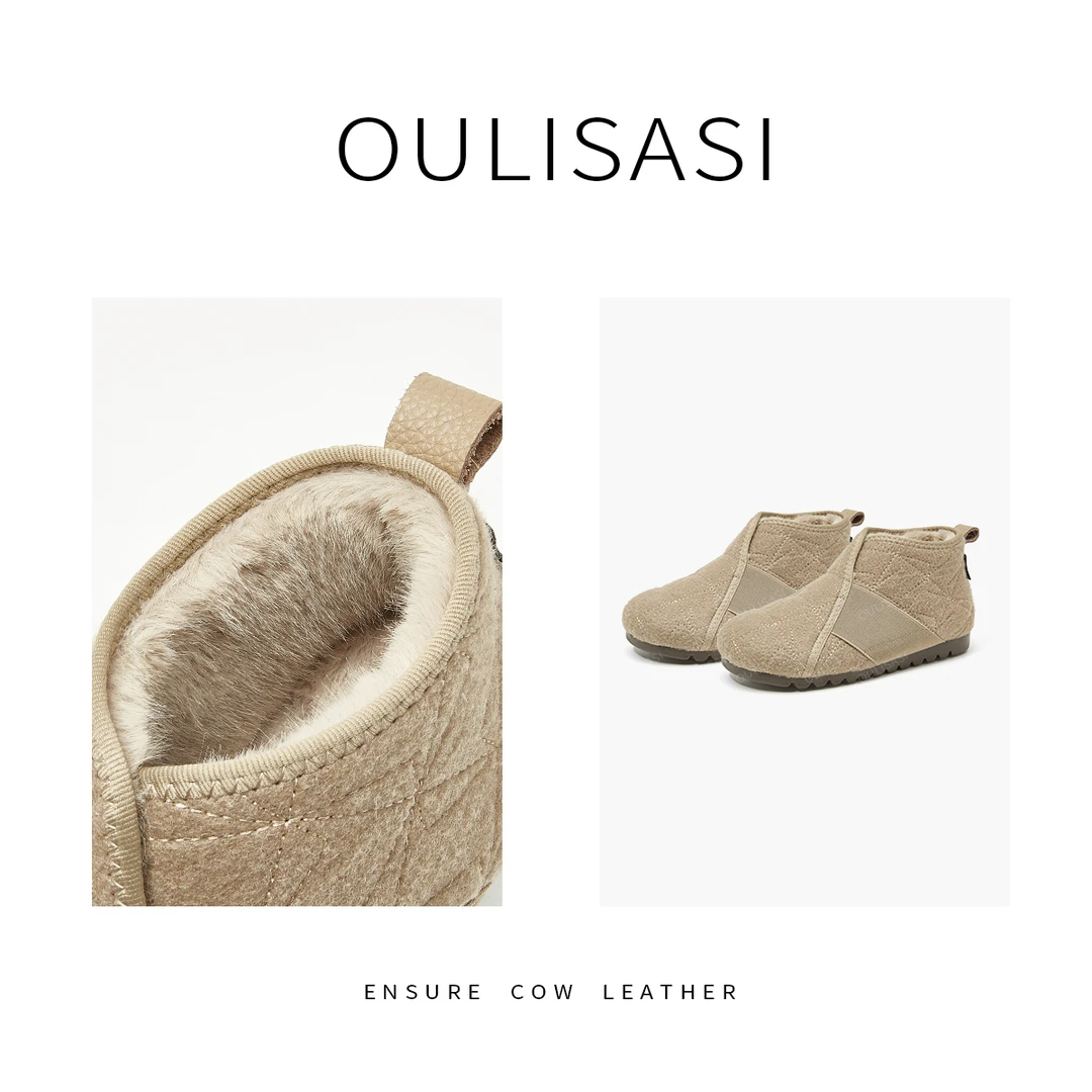 Oulisasi棉鞋女2024冬季毛毡真羊高帮软底软面舒适百搭百搭雪地靴