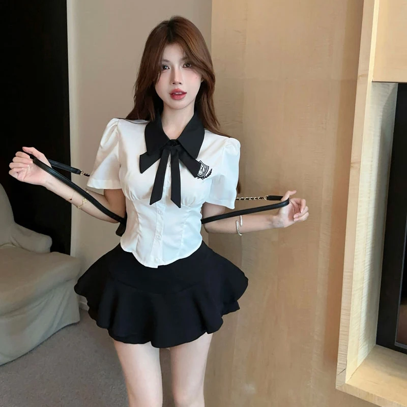 甜美学院风jk制服套装夏季减龄短袖衬衫撞色高腰蓬蓬半身裙两件套