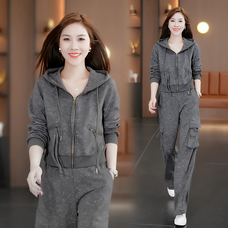 宽松休闲卫衣外套工装阔腿裤两件套女春秋新款洋气运动服时尚套装