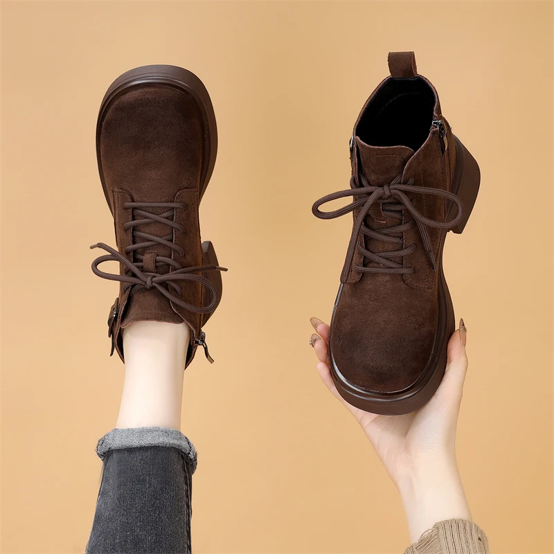 真皮低帮工装马丁靴女2025秋冬新款时尚侧拉链磨砂皮短靴上班族