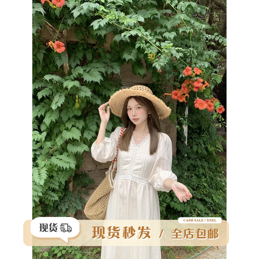 陳文文xenl【月光栀晓】新款韩系温柔风v领蕾丝拼接白色连衣裙0148