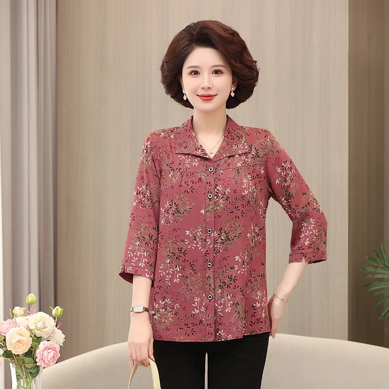 中老年夏季棉绸衬衫妈妈装宽松大码七分袖上衣老太太印花衬衫薄款