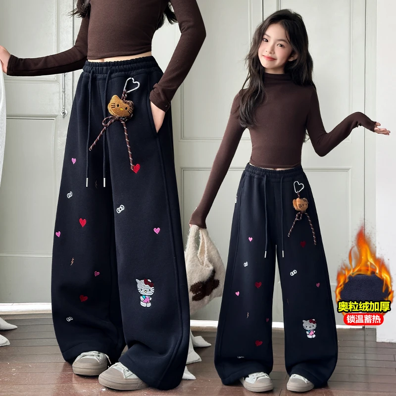 女童加绒裤子一体绒2025新款儿童阔腿裤KT猫弯刀裤女大童秋冬卫裤
