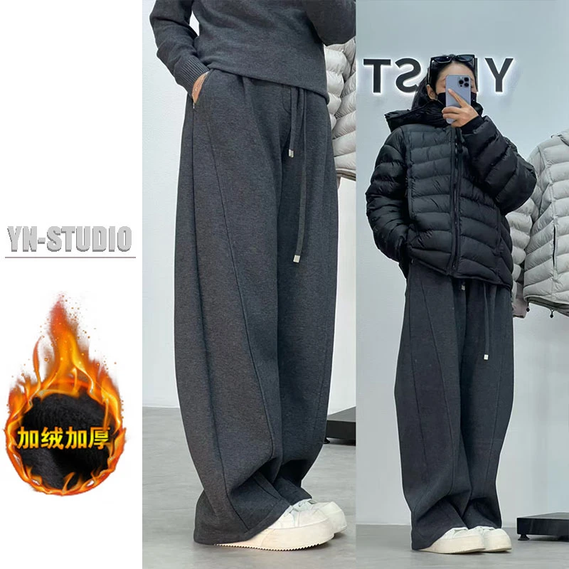 【YN】冬季新品男裤 情侣卫裤 加绒加厚保暖男士宽松弯刀运动休闲裤