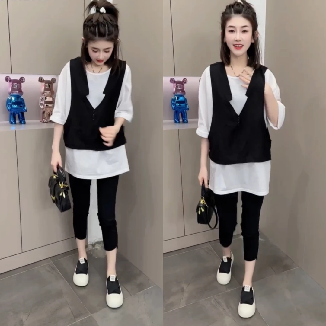2025夏装新款时尚两件套五分袖打底衫无袖马甲套装中长款T恤衫