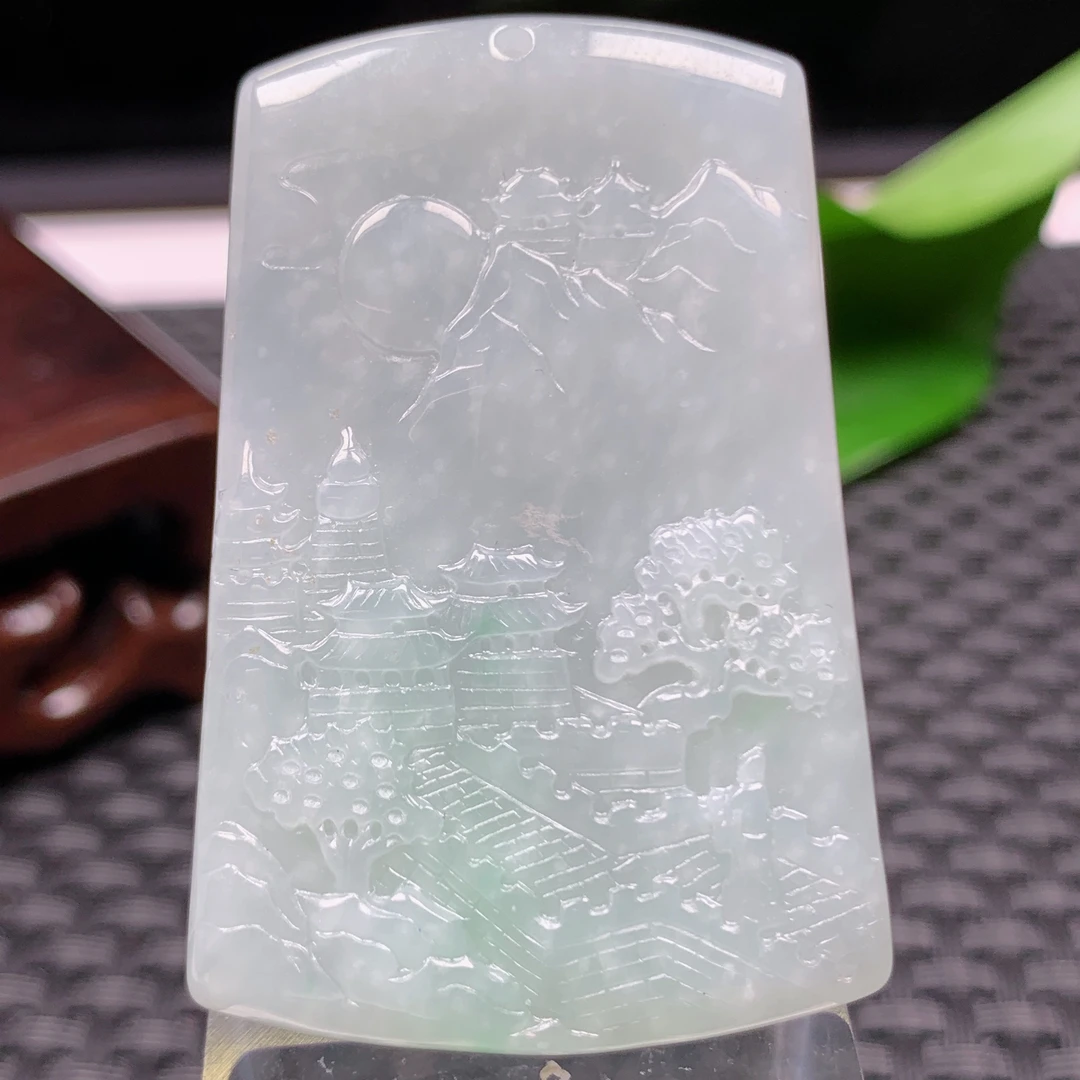 缅料纯天然a货翡翠山水牌吊坠真玉石雪花棉满色山水挂件挂坠冰透