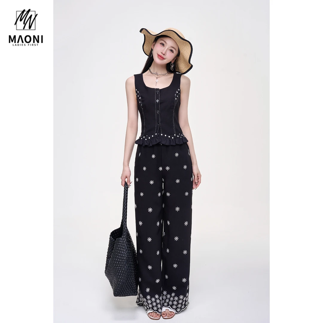 毛妮Peshe【午夜繁星】单排扣背心夏日时尚钉珠荷叶边下摆潮L1613