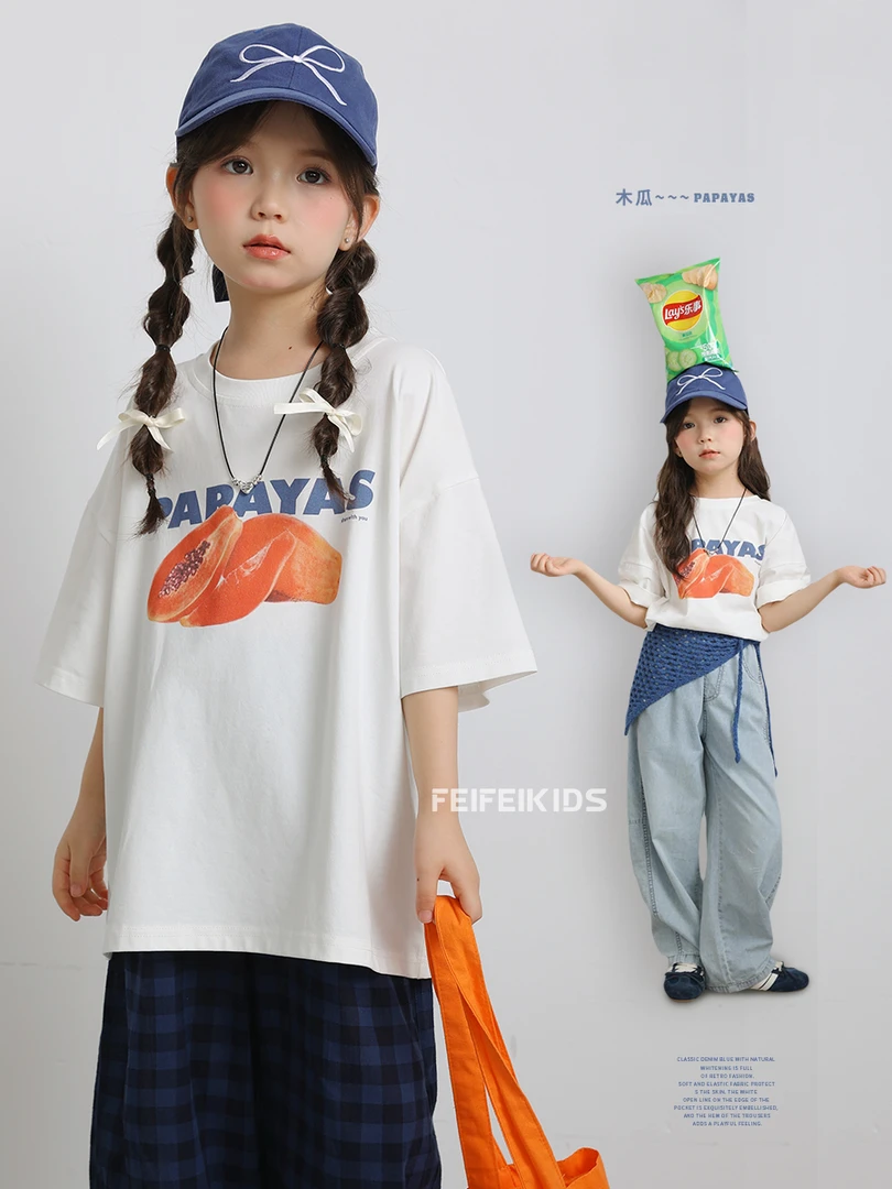 女童2025夏季新款美式复古木瓜印花短袖T恤J52G2125