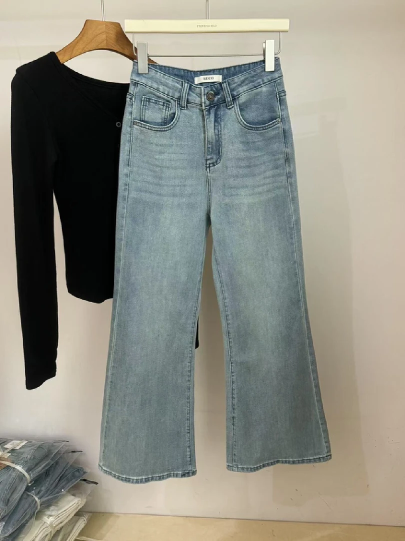 韩系复古高腰牛仔裤女春季新款显瘦微喇长裤