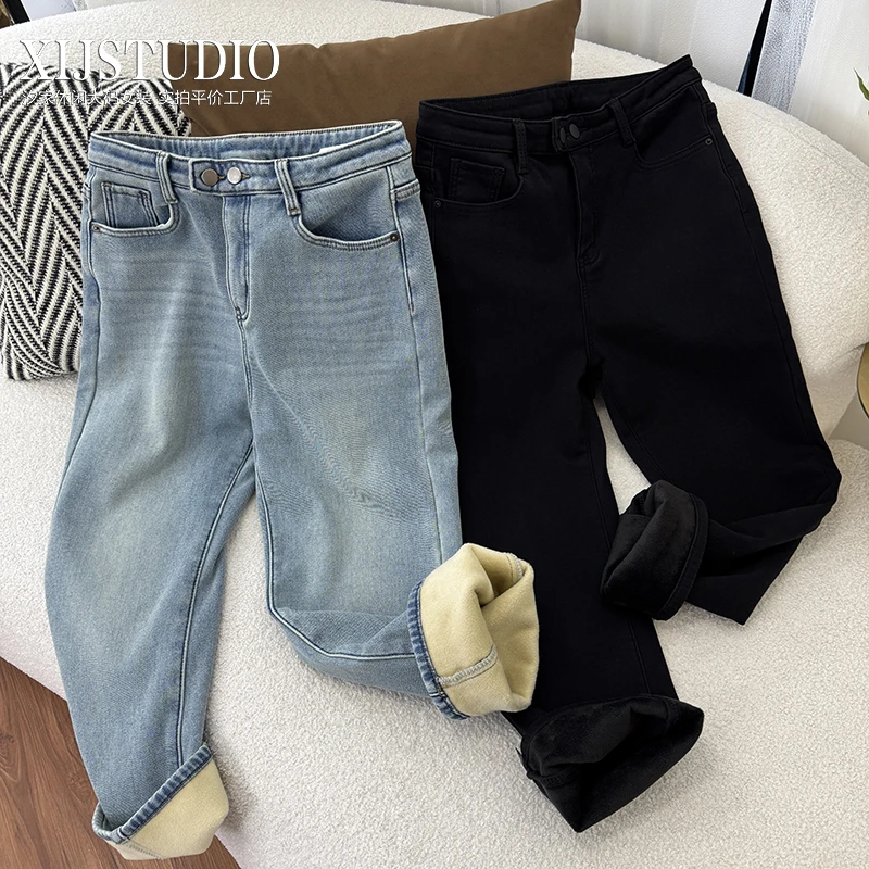 汐家女裤 冬季新款显瘦烟管裤浅蓝色加绒高腰微弹长裤牛仔裤
